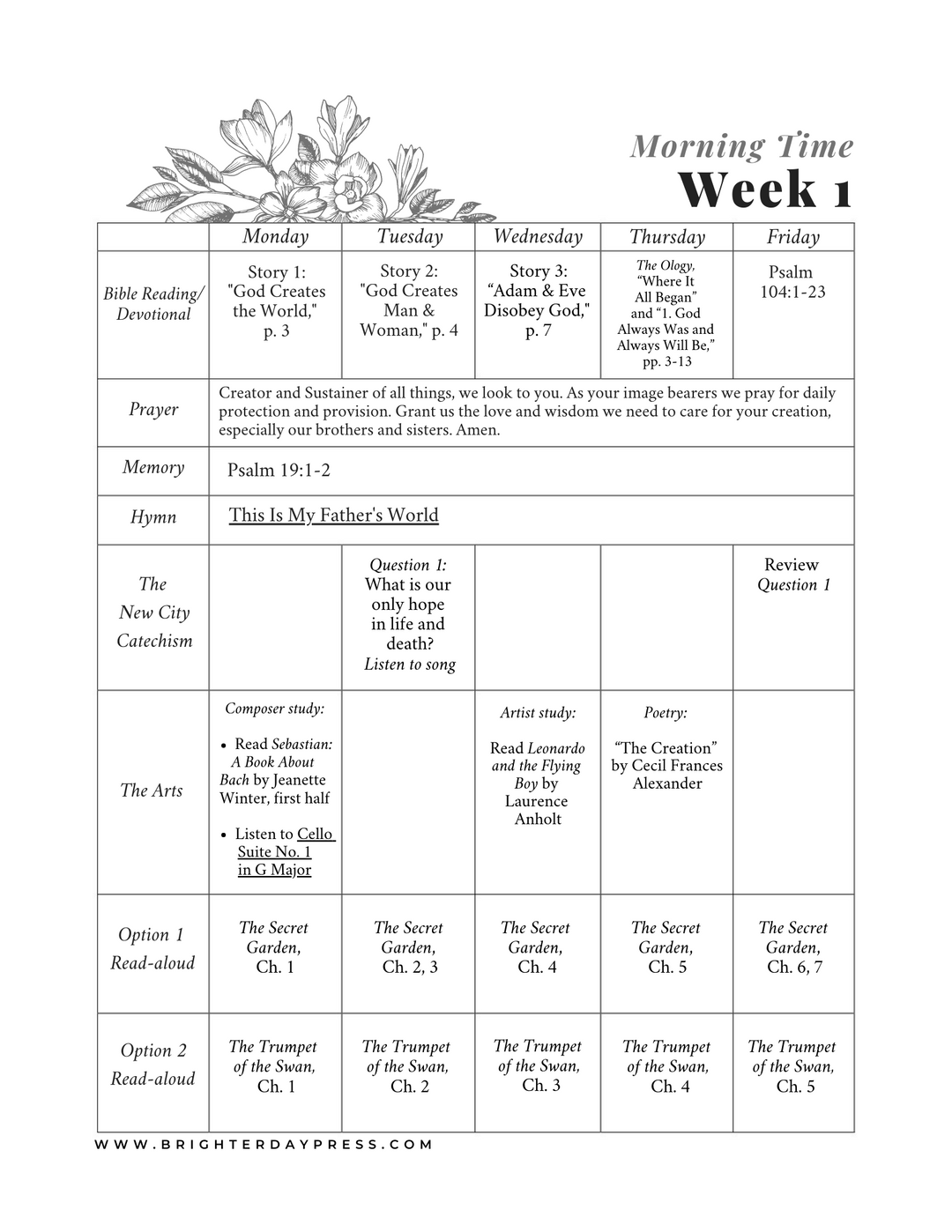 Morning Time, Vol. 1 - Week 1 + Book List (Free Download)