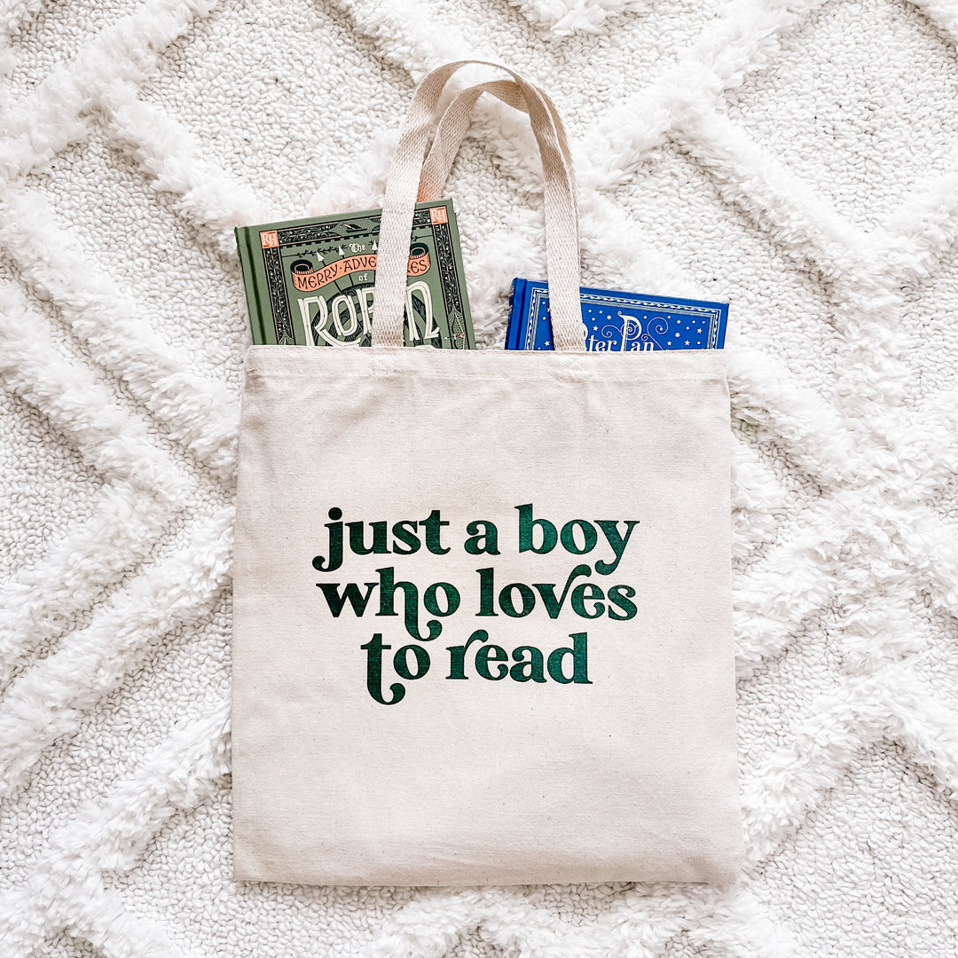 "Just a boy who loves to read" Tote Bag